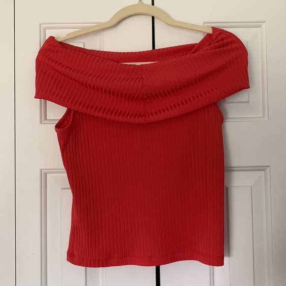 Red Orange Foldover Off the Shoulder Stretch Ribbed Top - ASOS - Picture 2 of 6